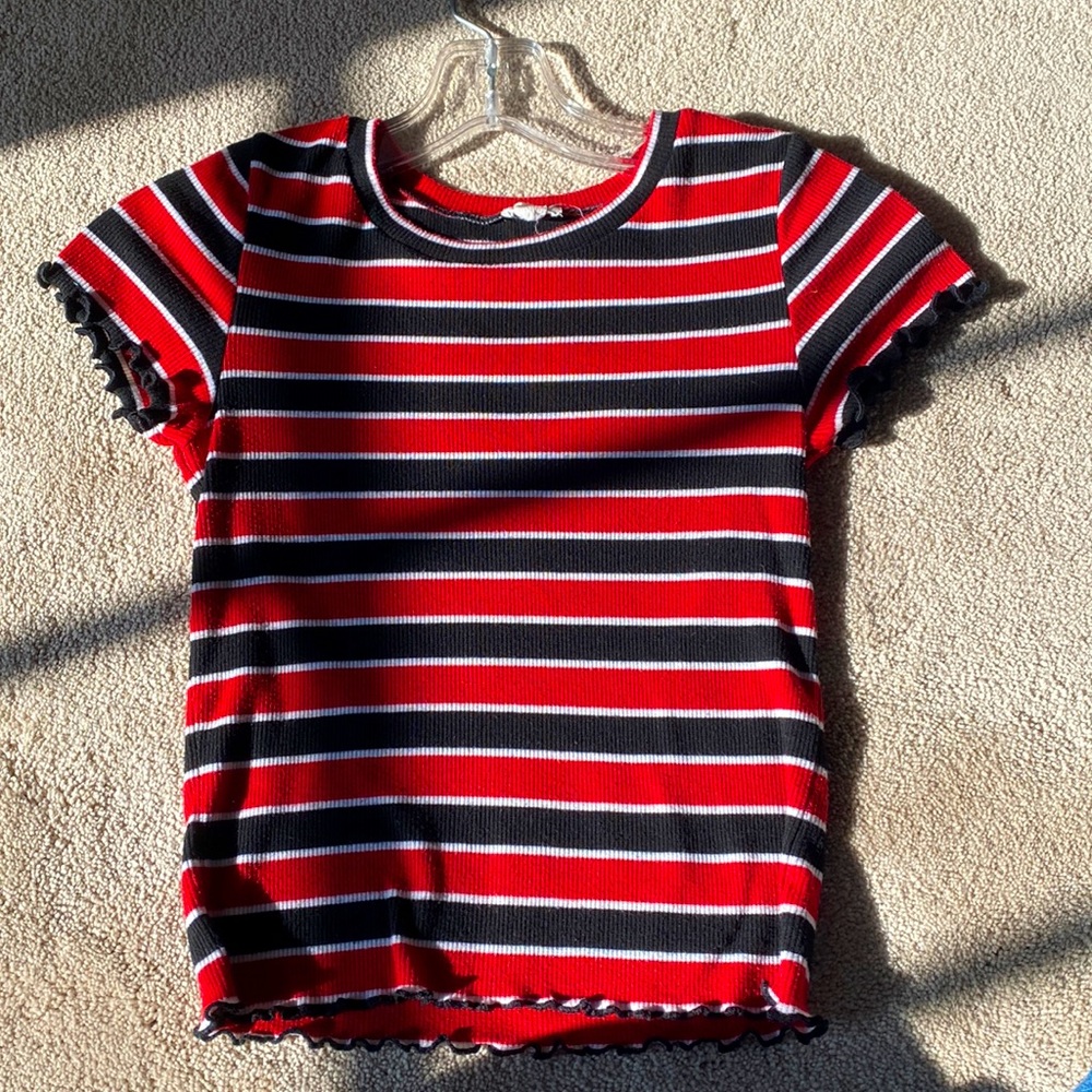 GARAGE Black, White, and Red Striped Snug Fit and Stretchy Tee